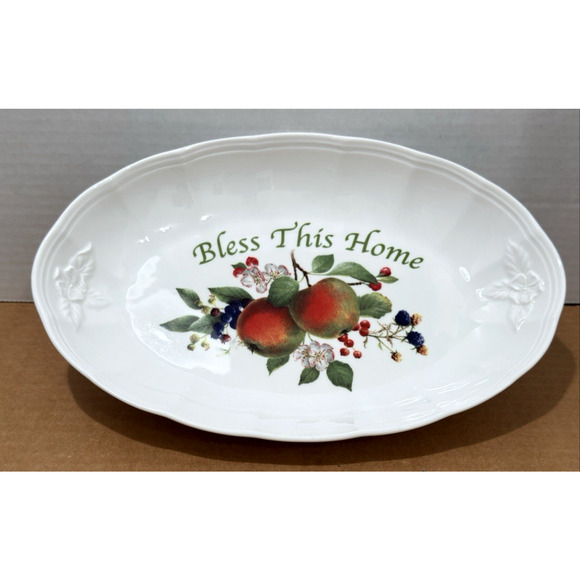Lenox Orchard in Bloom "Bless This Home" Ceramic Serving Tray 11" x 7. 25" Apple - Picture 2 of 8